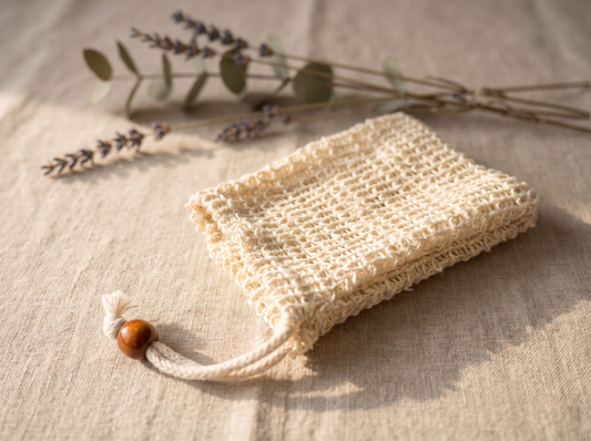 Jute soap exfoliation pouch with drawstring