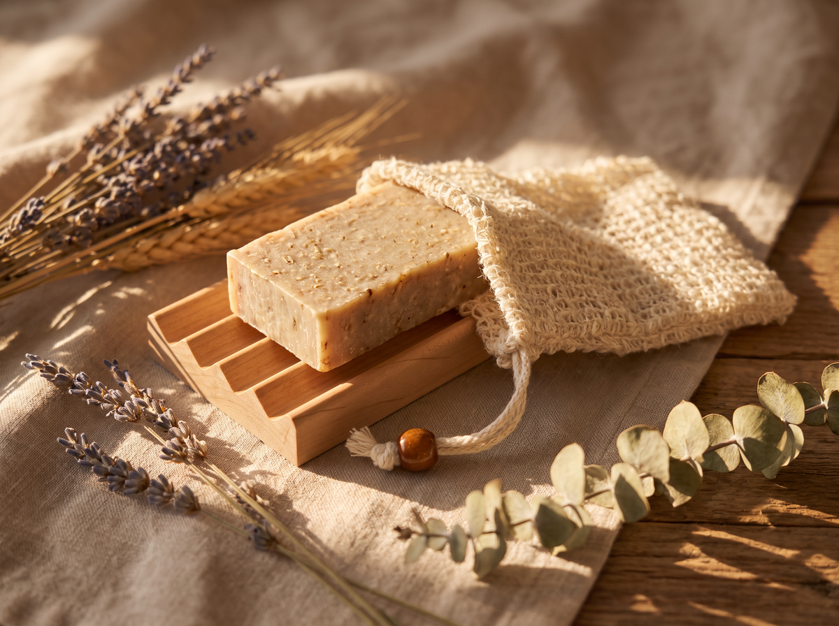 Alder soap dish paired with jute exfoliation pouch and cleansing bar